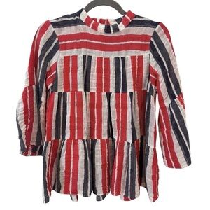 Warm Red, White & Blue Cotton Linen Tiered Blouse Size S/M